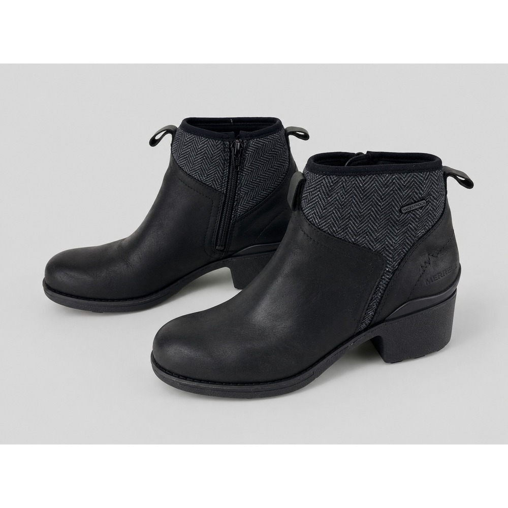 Merrell Waterproof Ankle Boots Women 9.5 Black Leather Herringbone Wool Gorpcore
